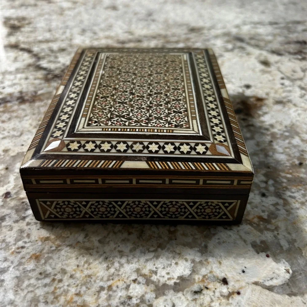 Vintage Inlaid Marquetry Wooden Jewelry Box Mosaic Mother of Pearl Geometric